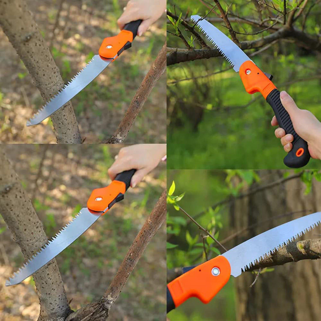 Steel blade of folding garden saw used for precise garden branch cutting