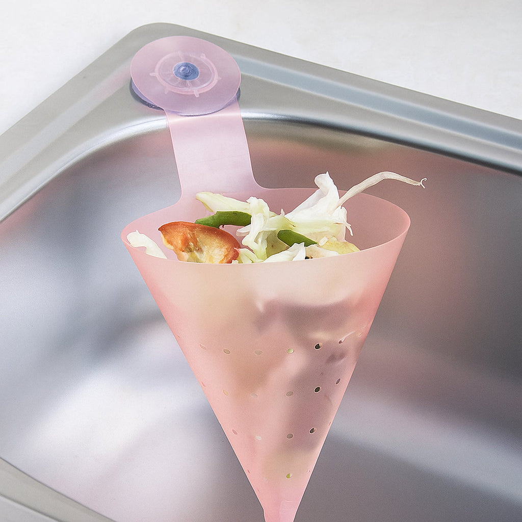 Close-up of perforated hanging sink strainer for food drainage