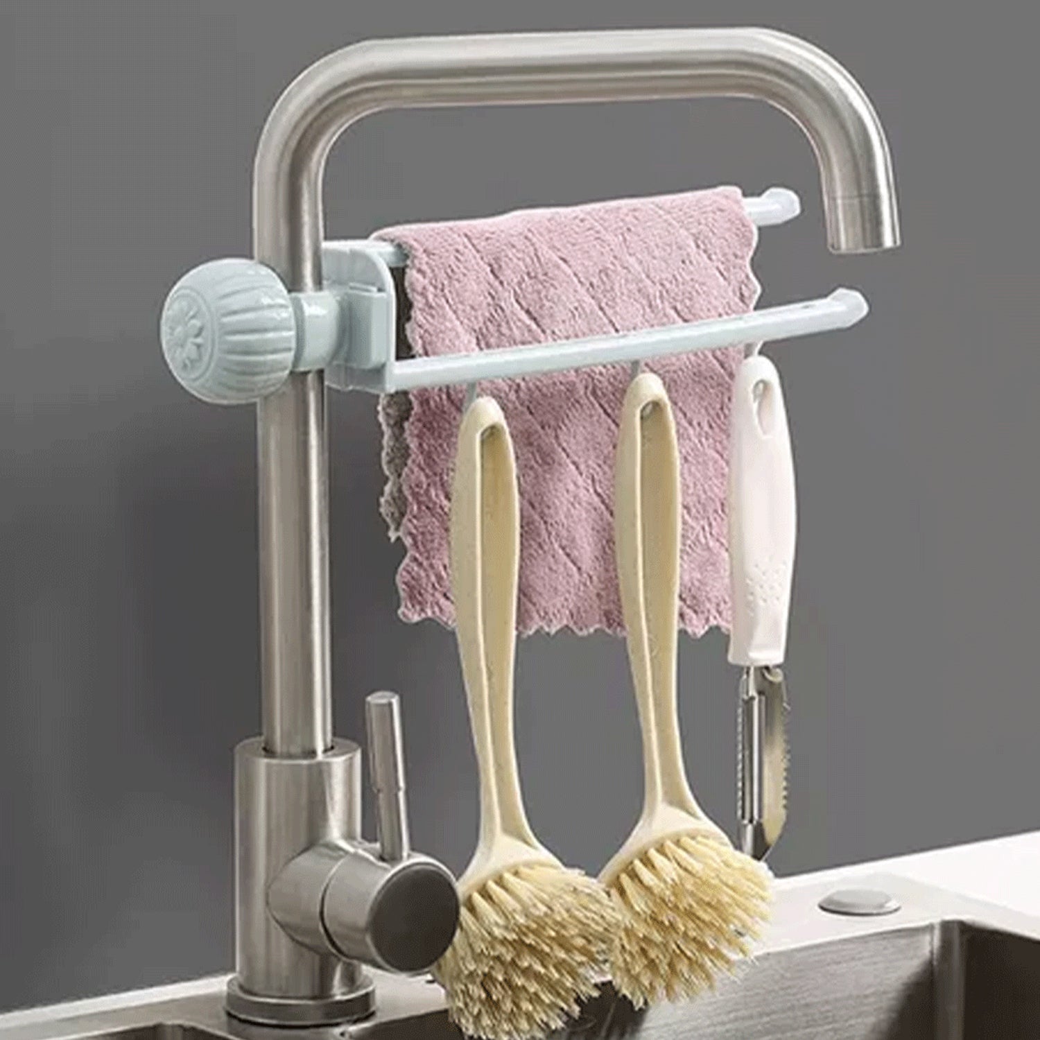 Faucet-mounted hanging rack for towels and cleaning sponges