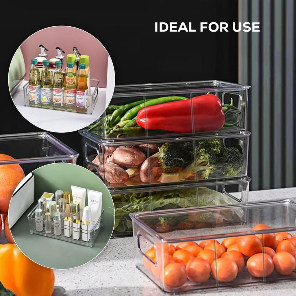 Refrigerator organizer bin filled with colorful fresh fruits and vegetables.