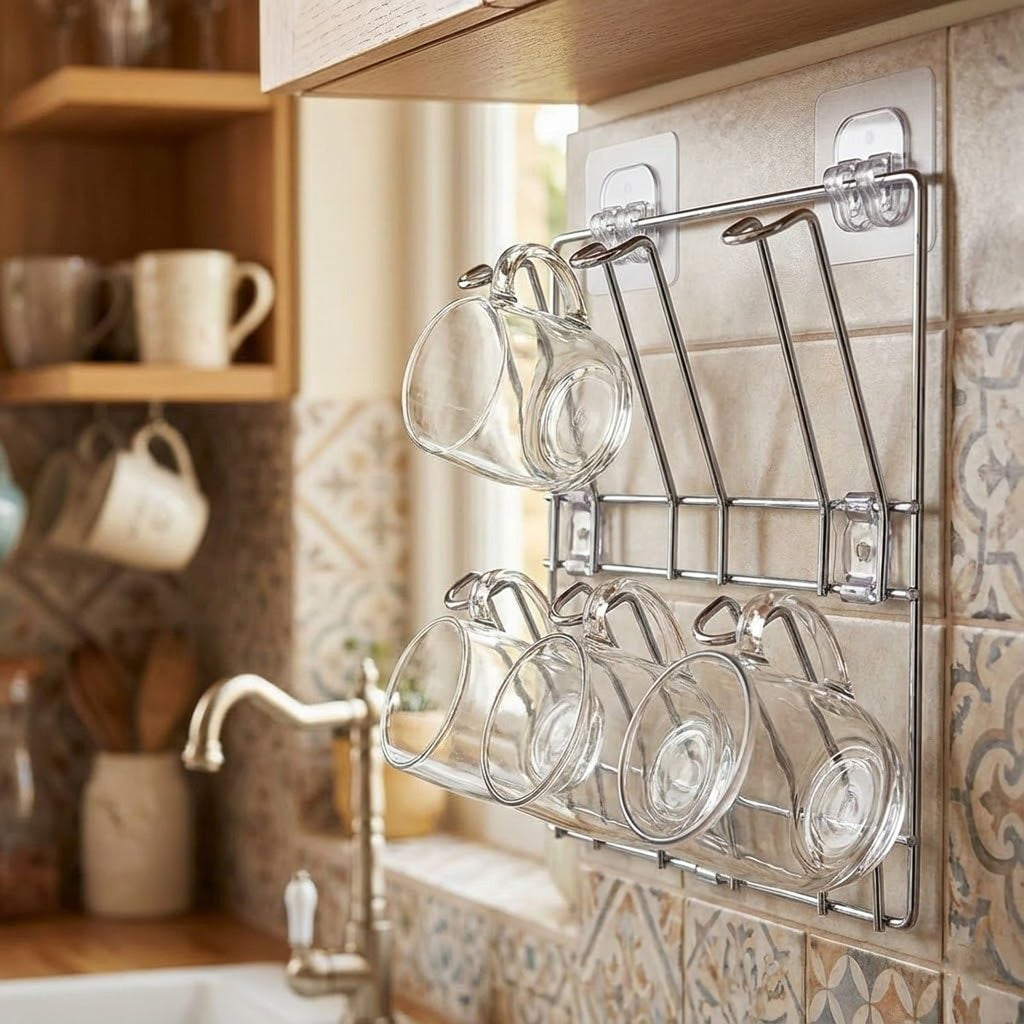 Durable stainless steel cup storage rack mounted on kitchen wall