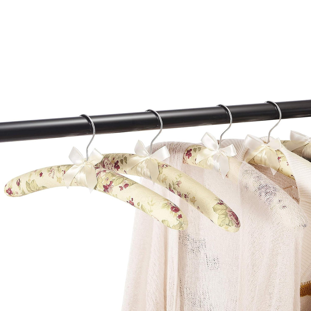 Rotatable chrome hook on floral padded clothes hanger for easy hanging