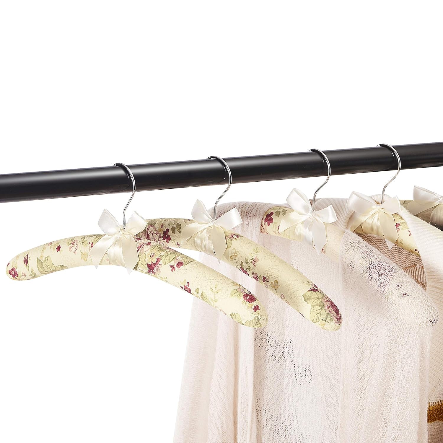 Rotatable chrome hook on floral padded clothes hanger for easy hanging