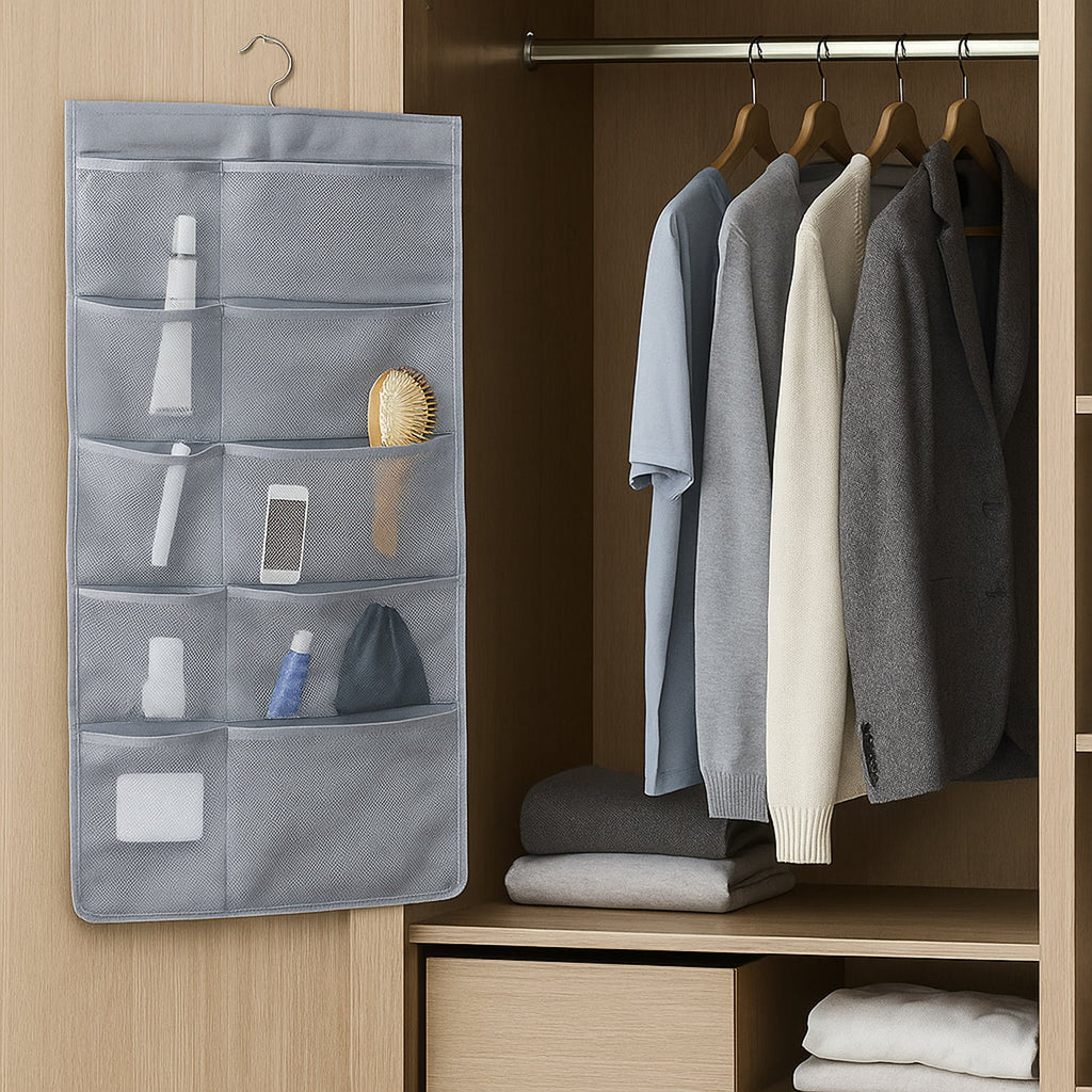 Underwear and socks neatly stored in hanging closet organizer