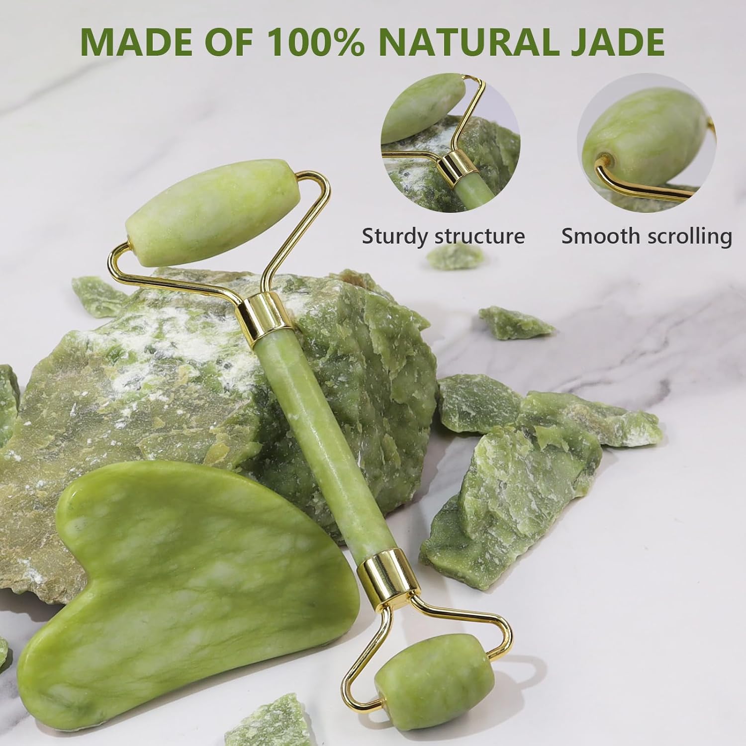 Complete jade facial massage set with roller and gua sha stone