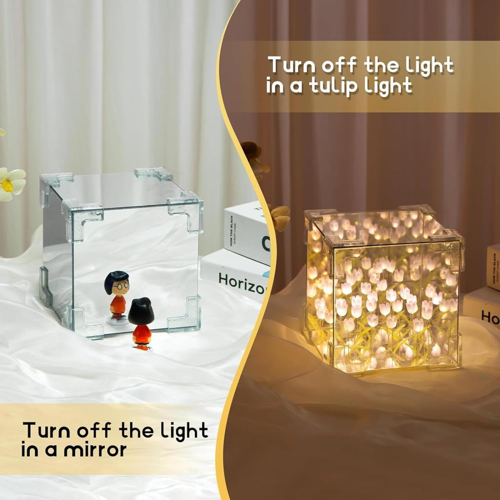 Tabletop decorative LED cube night lamp with tulip flower pattern