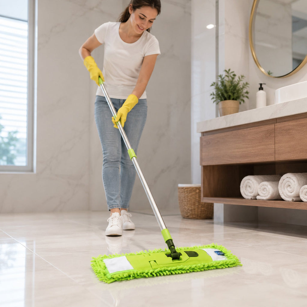 Microfiber mop with an extendable handle reaching high corners for comprehensive cleaning.