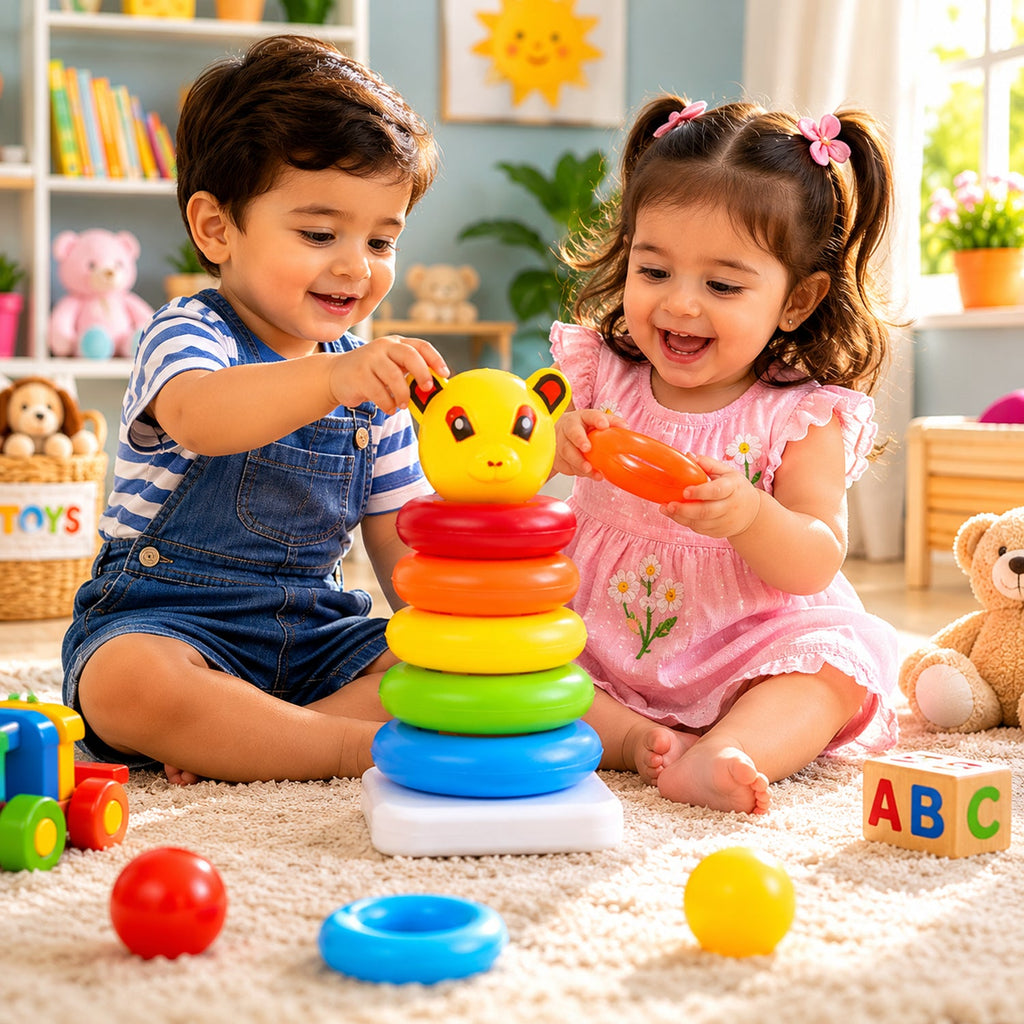 A five-piece jumbo stacking rings toy arranged by size, teaching order and sequence.