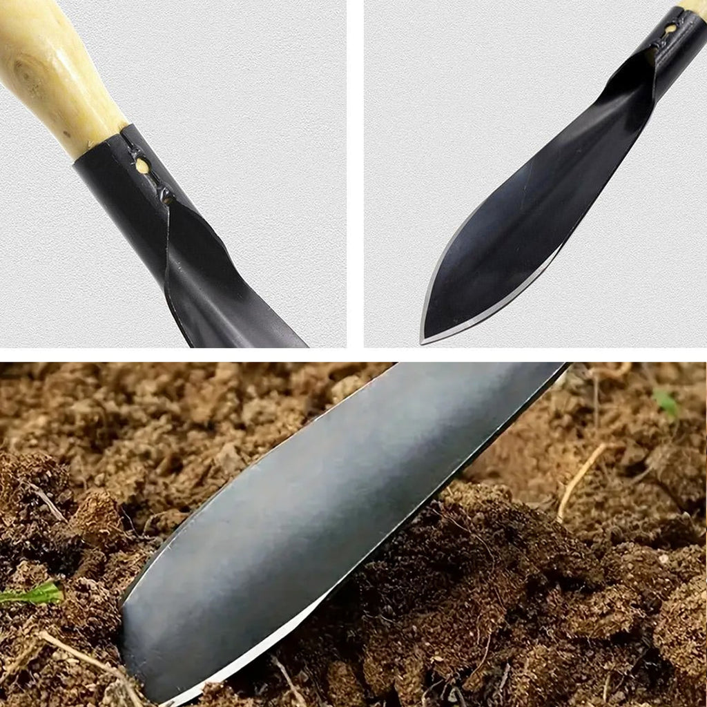 Close-up view of heavy duty gardening trowel with wooden handle