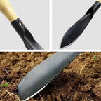 Close-up view of heavy duty gardening trowel with wooden handle