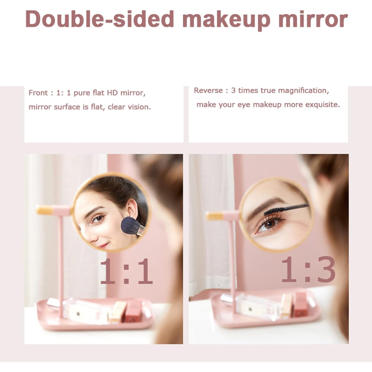 Compact round tabletop makeup mirror enhancing visibility during application