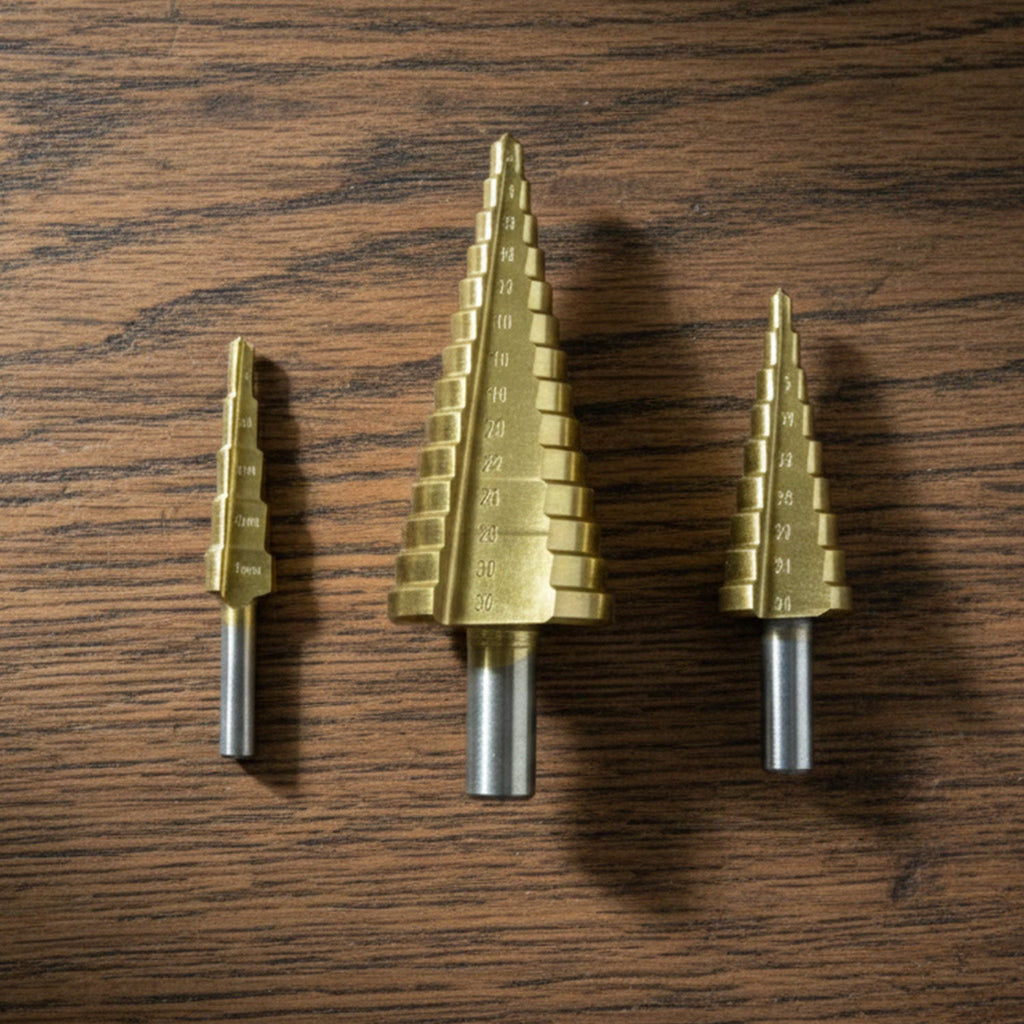 The full set of titanium coated HSS steel step drill bits, ready for various tasks.