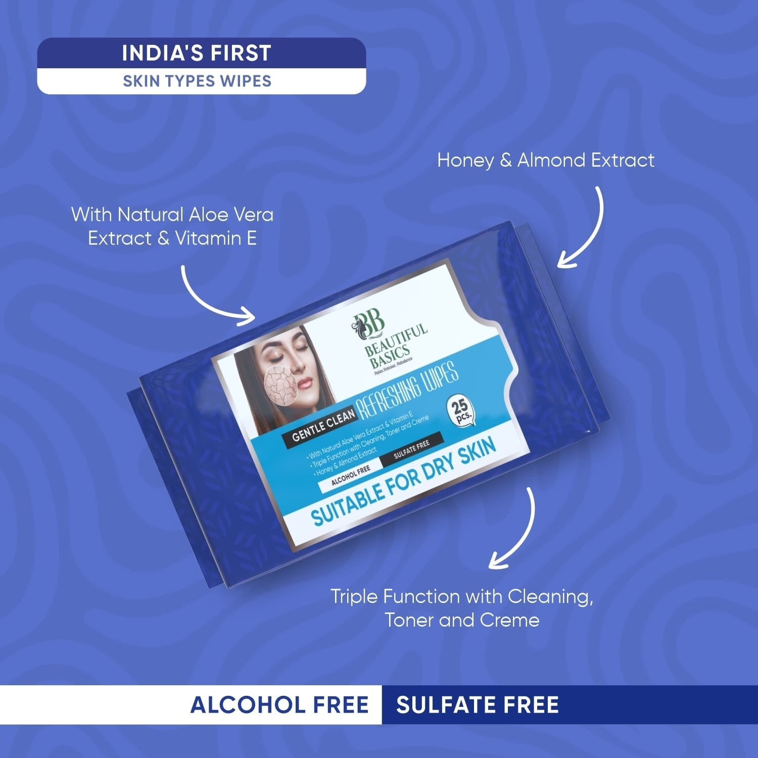 Pack of refreshing alcohol-free wet wipes on a clean surface.