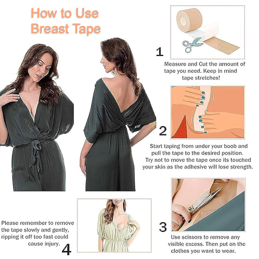 Model showcasing how to use the Boob Tape for an invisible lift.