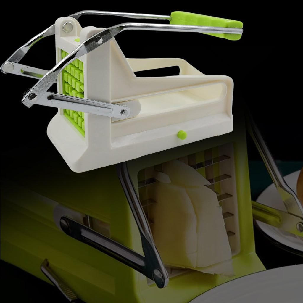 French fry cutter next to a pile of perfectly uniform sliced fries.