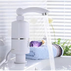 Close-up view of electric water heater faucet head with temperature control