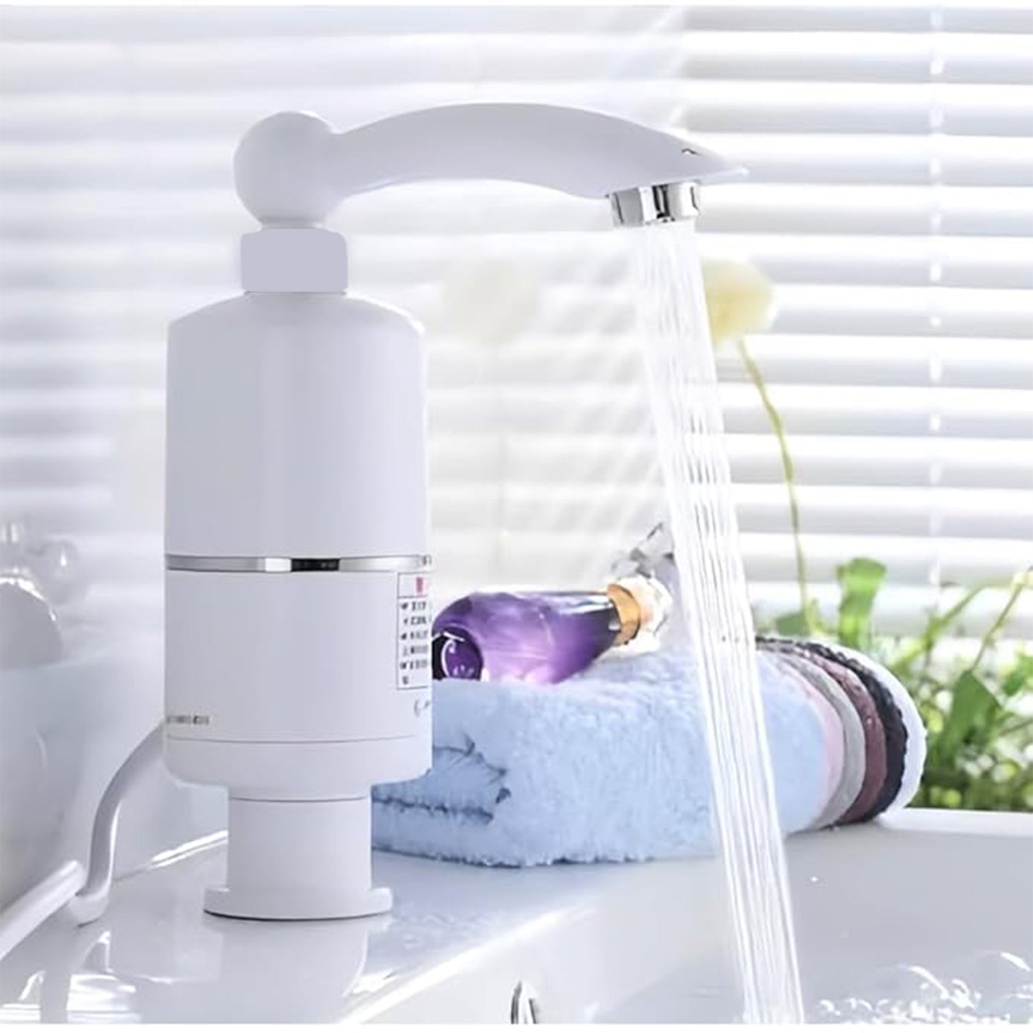 Close-up view of electric water heater faucet head with temperature control