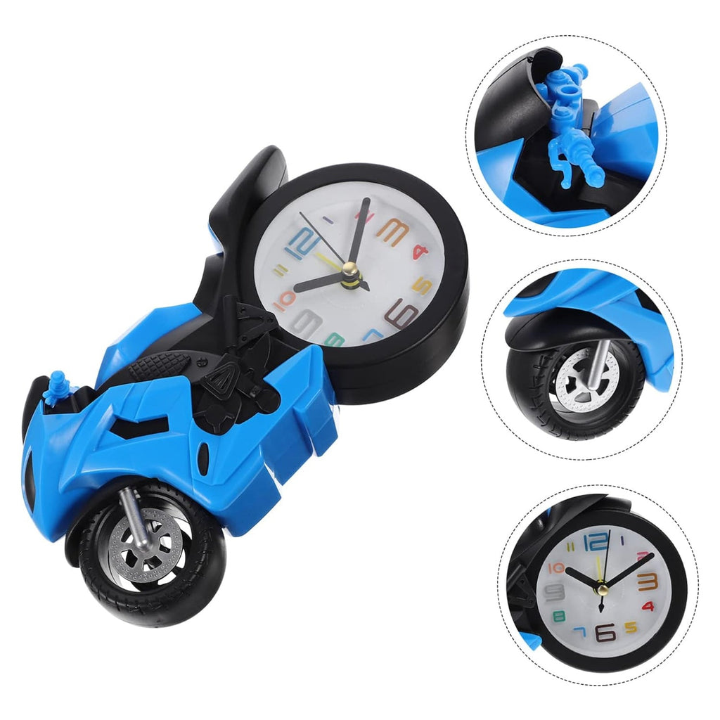 Retro Motorcycle Alarm Clock placed on a wooden surface, adding a touch of vintage decor to the setting.