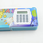 Magnetic pencil box with a built-in calculator and space for geometry tools.