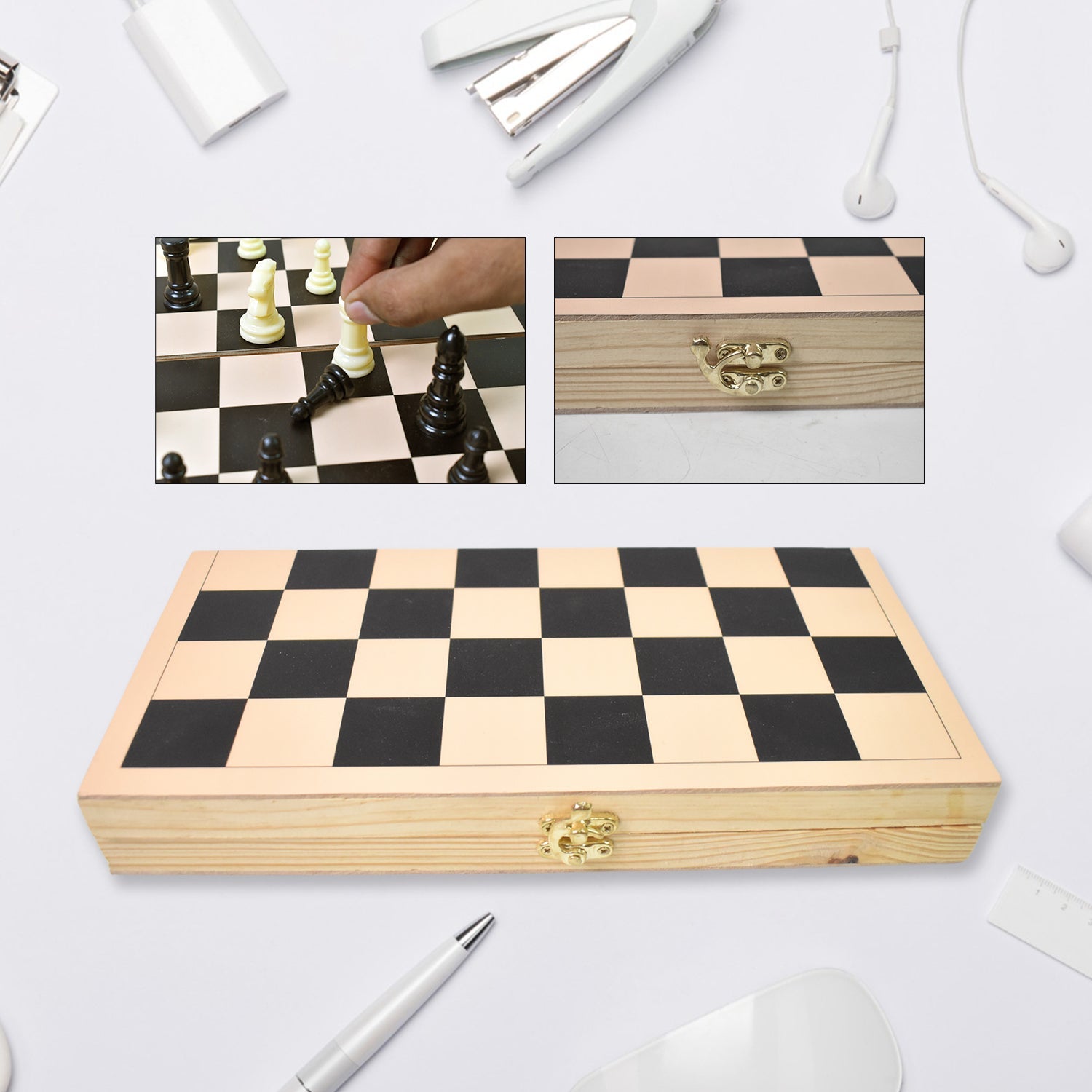 A game in progress on the elegant folding wooden chess set, showing the chessmen on the board.
