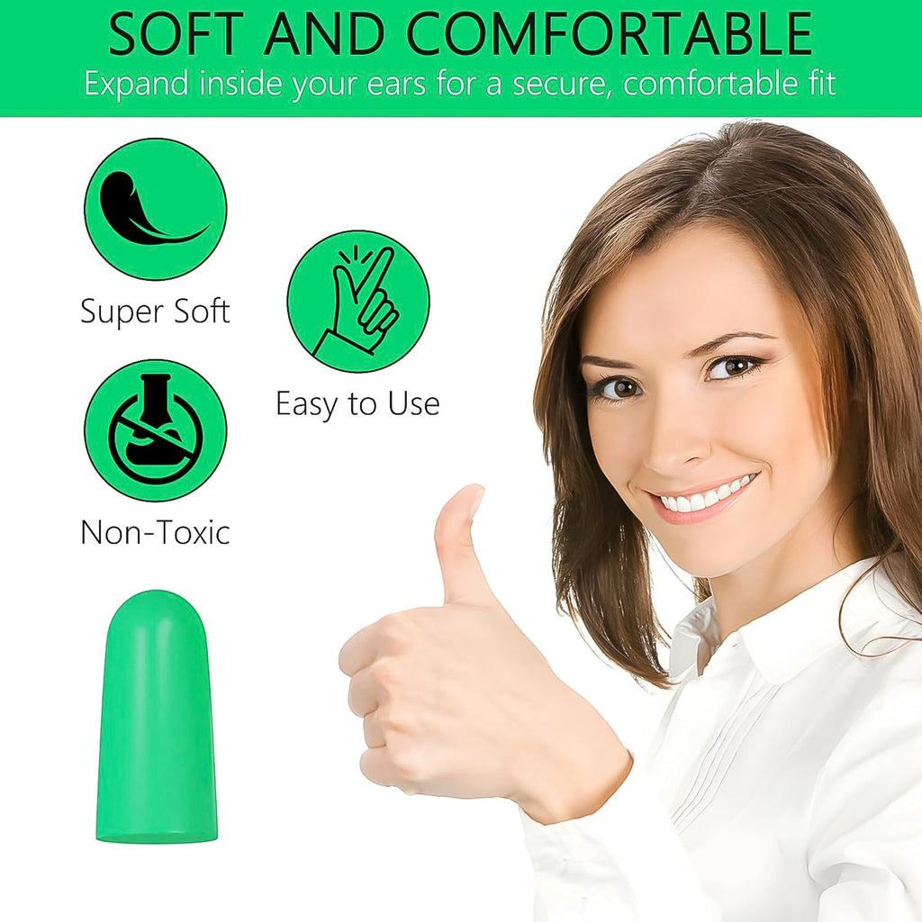 Set of soft foam earplugs with a transparent plastic storage box.