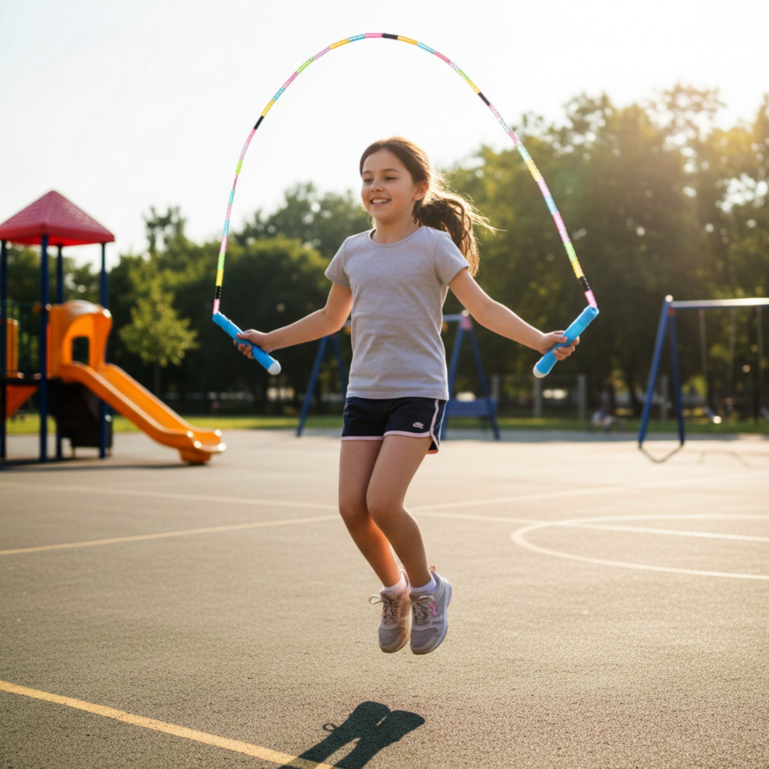 Jump rope featuring bright beads and ergonomic grip handles for easy control