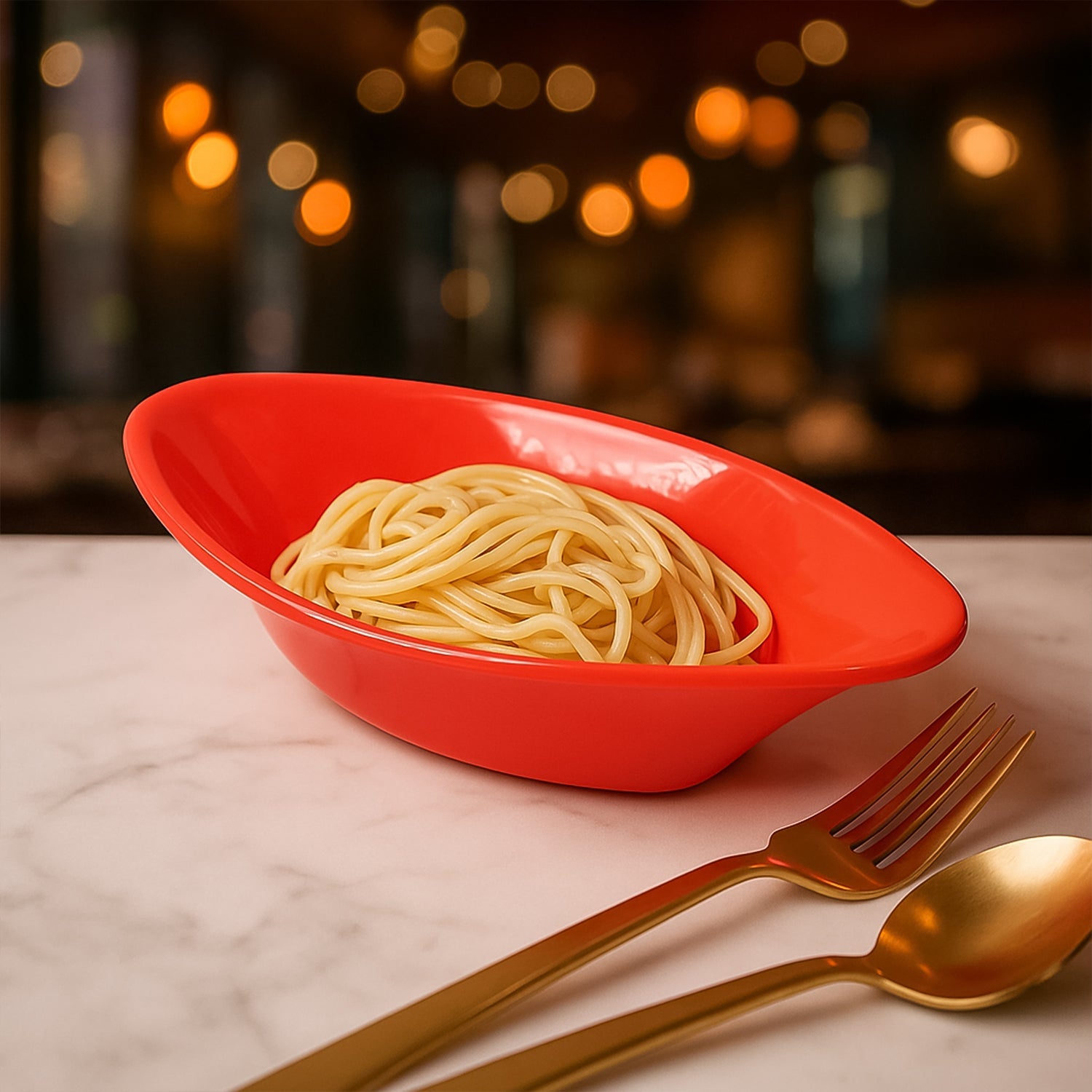 Side view of red oval serving bowl made of durable plastic