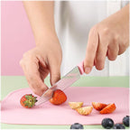 Miniature cutting board and sharp knife for camping and picnics.