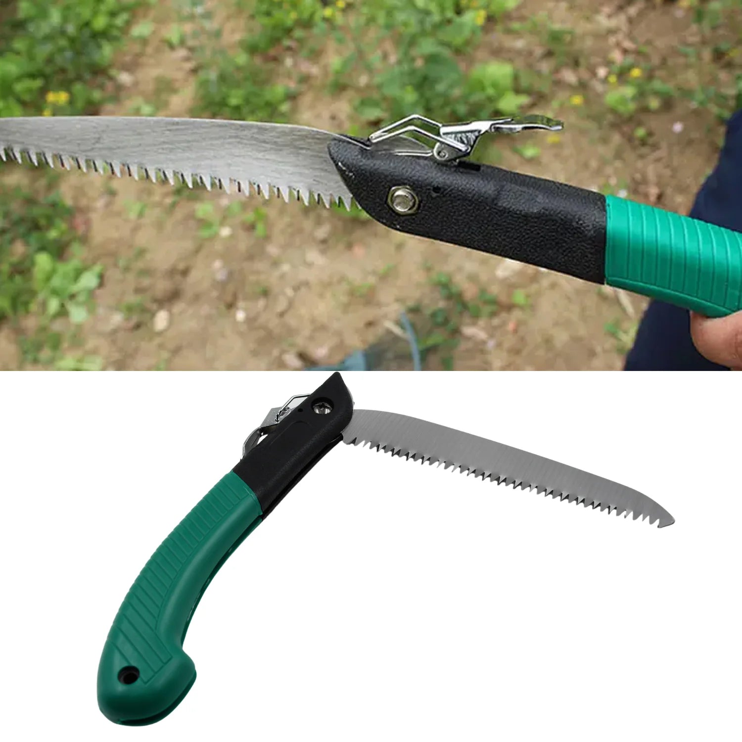 Folding handsaw displayed open, highlighting its durable construction for various materials.
