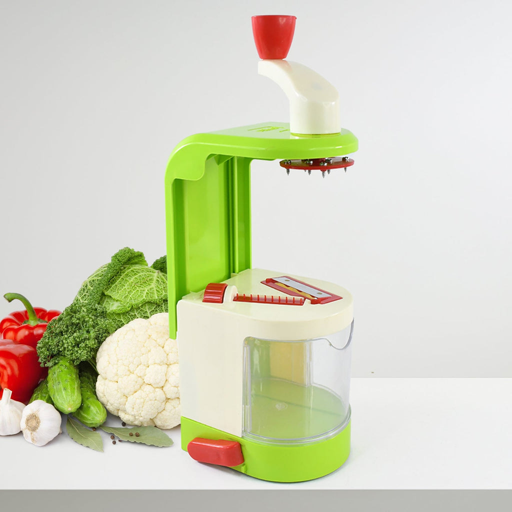 Spiral potato twister machine featuring rotating crank handle