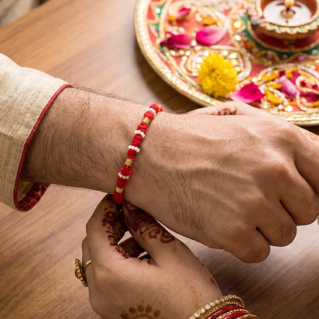 Cotton red thread rakhi with bead embellishments