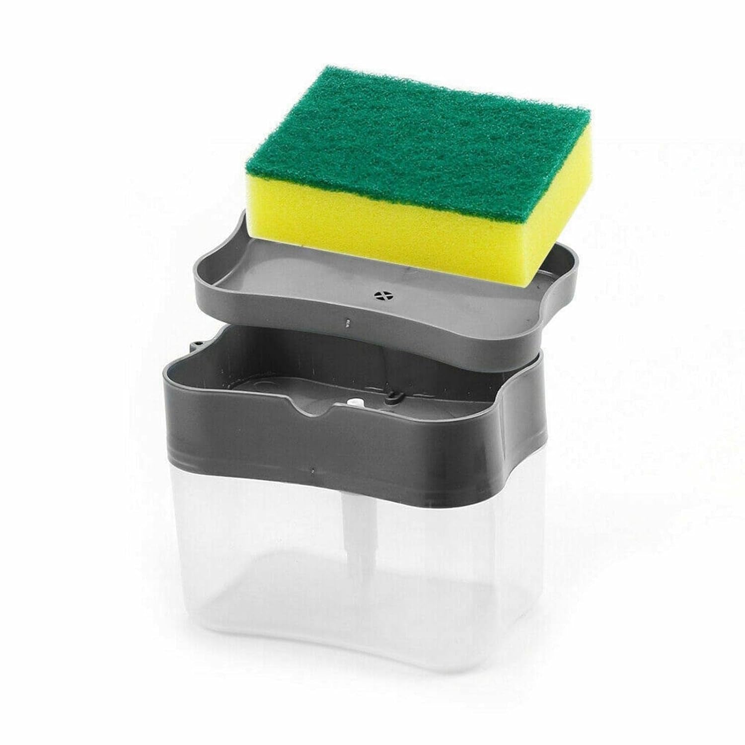 Space-saving 2-in-1 soap dispenser with a dish scrubber, enhancing kitchen tidiness.