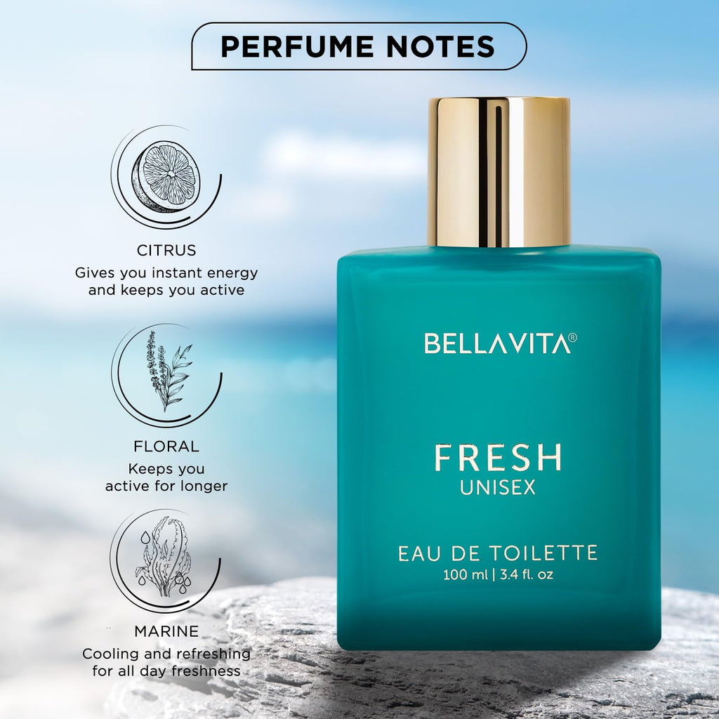 Fragrance perfume bottle featuring unisex fresh scent