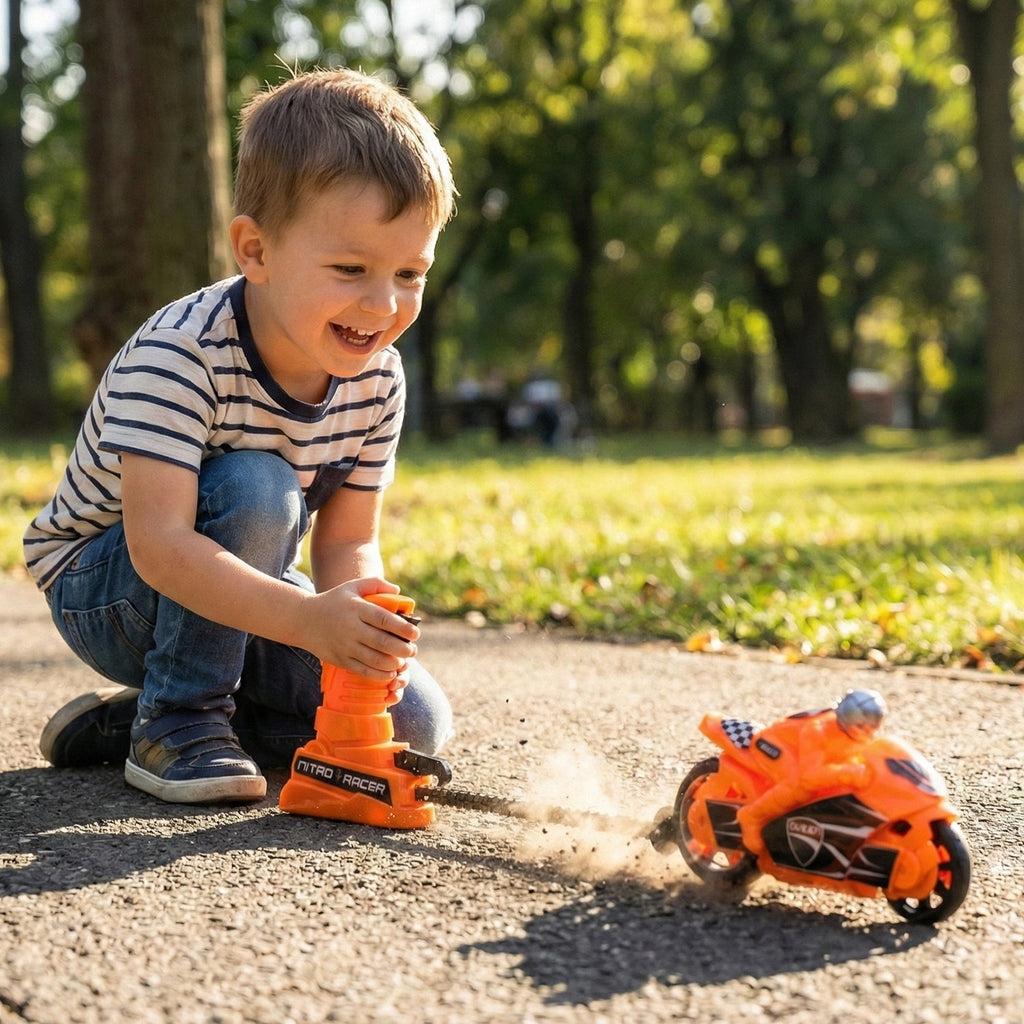 Close-up view of the manual pull launcher on the kids' racing bike toy
