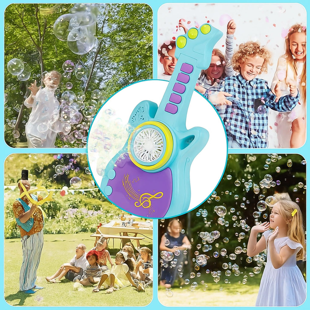 Bubble machine guitar toy with included bubble solution bottles