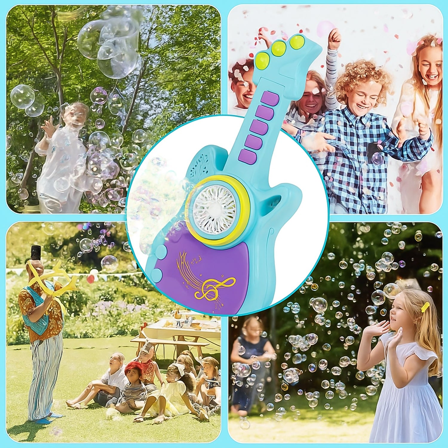 Bubble machine guitar toy with included bubble solution bottles