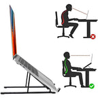 Adjustable laptop stand set up on a work desk for ergonomic posture