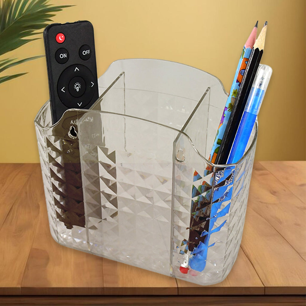 Multipurpose organizer holding office stationery items in clear compartments