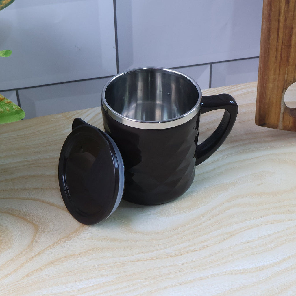Front view of insulated tea and coffee mug designed for hot beverage retention