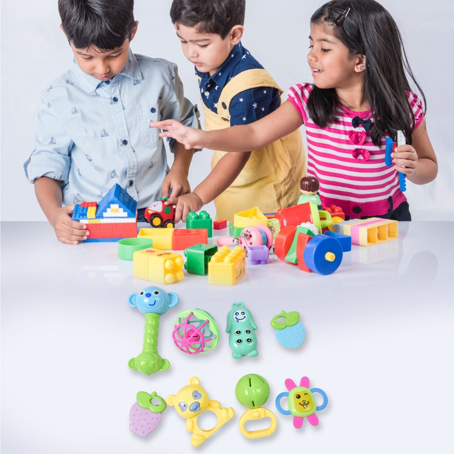 Assortment of colorful, BPA-free baby rattles and teethers for developmental play