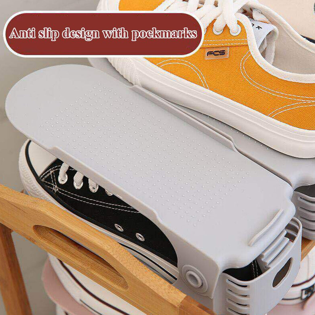 Close-up of an adjustable shoe slot organizer showing its space-saving design in a closet.