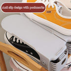Close-up of an adjustable shoe slot organizer showing its space-saving design in a closet.