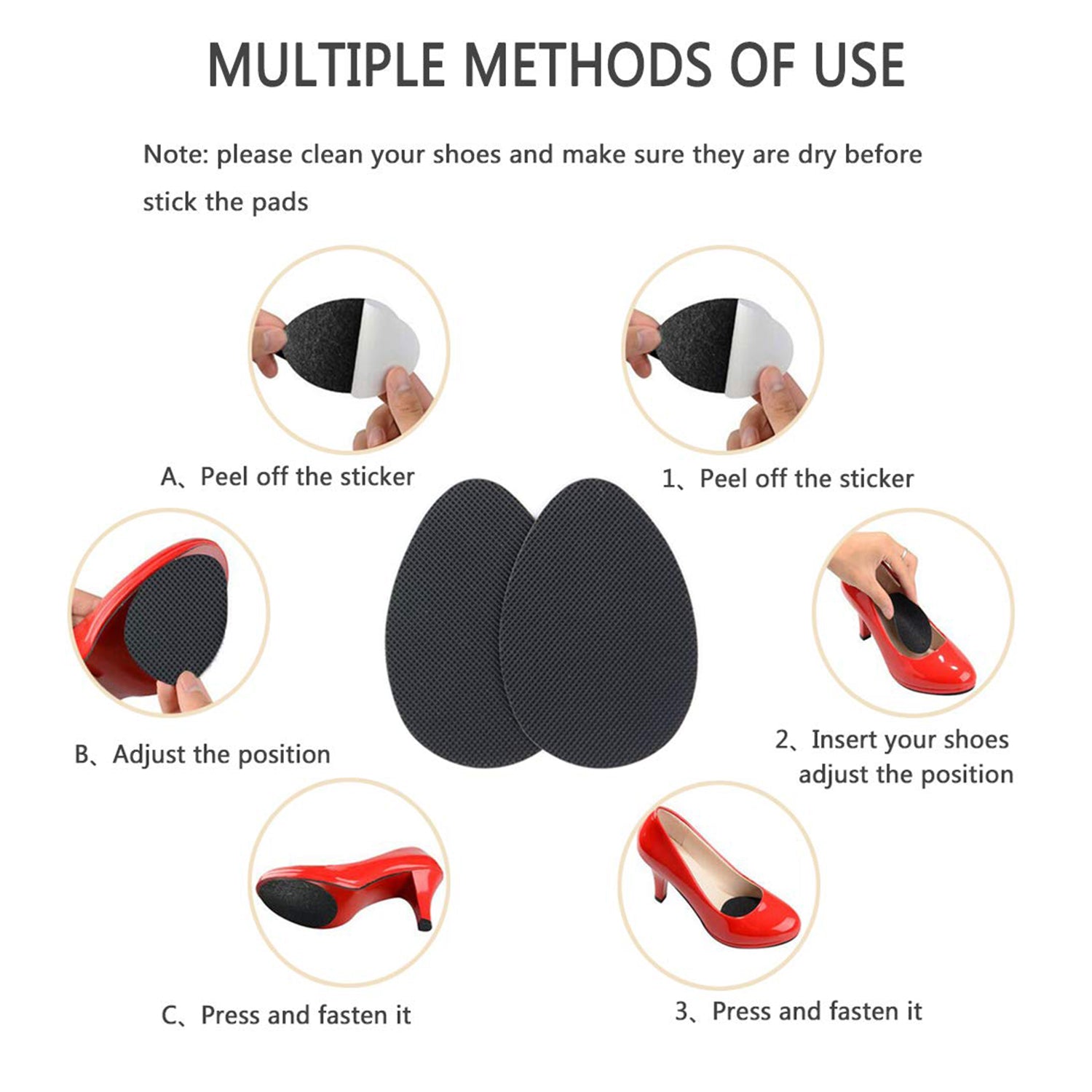 Self-adhesive anti-slip grip pads applied on boot soles