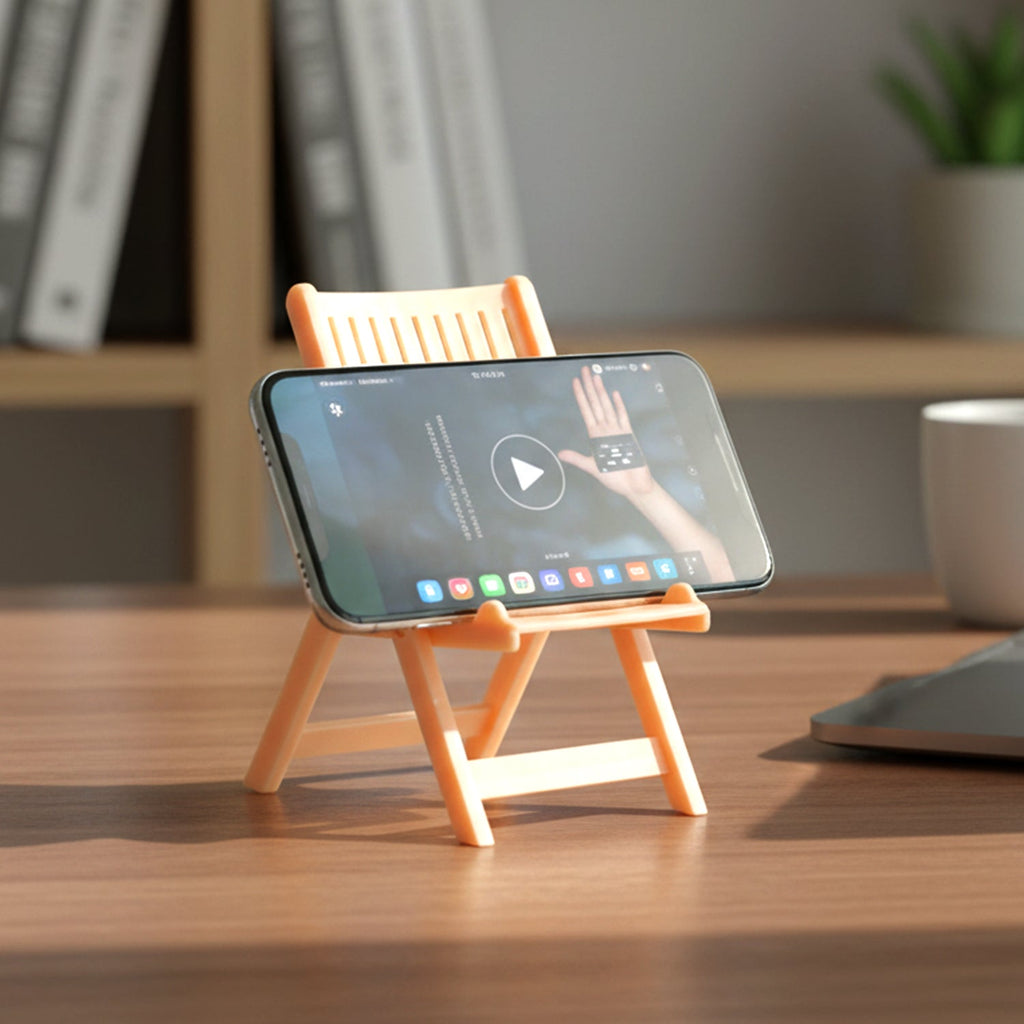 Mini chair shaped mobile stand holder in peach color placed on a table
