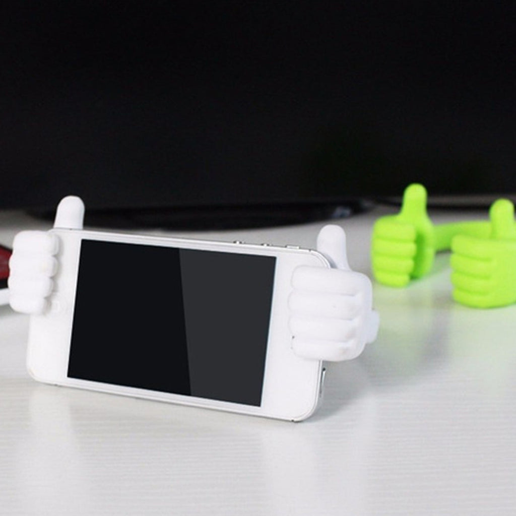 A blue hand shape mobile stand angled to provide optimal viewing for a mobile device.