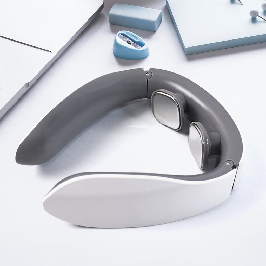 A user wearing the portable Electric Neck Massager, showing comfortable cervical vertebra massage.