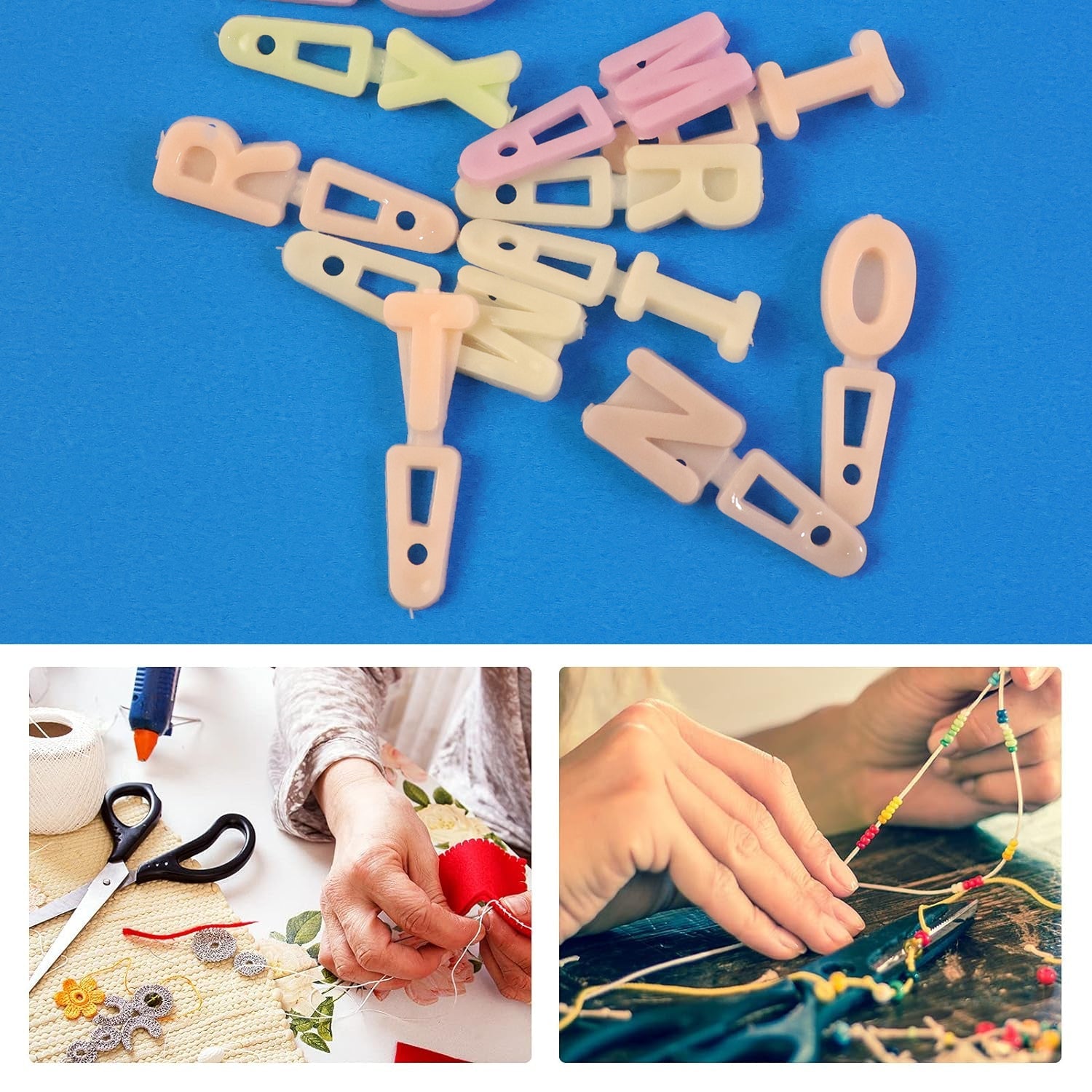 Child’s hand holding alphabet letter beads during a crafting session.