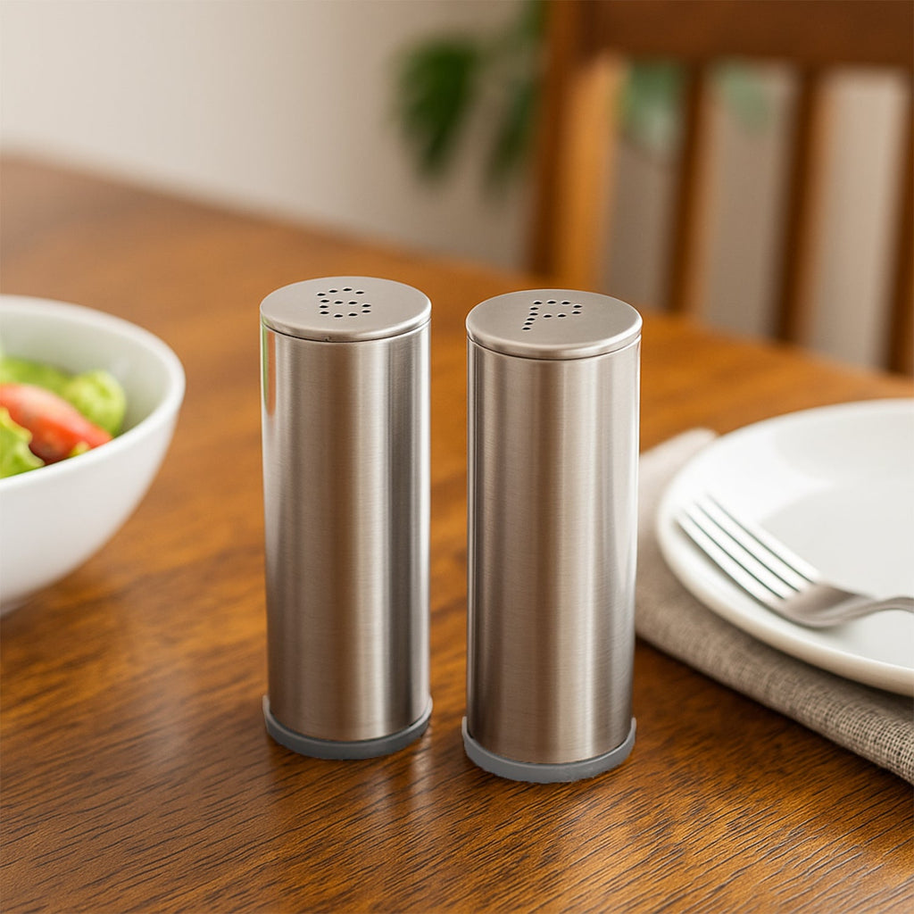 Kitchen salt and pepper shaker set in sleek stainless steel design