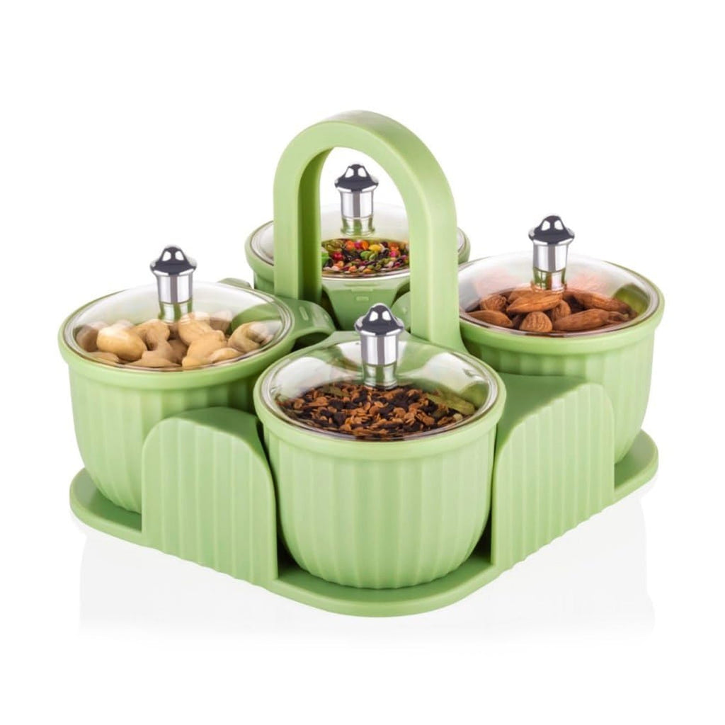 Side view of durable plastic food storage jars with various snacks inside.