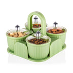 Side view of durable plastic food storage jars with various snacks inside.
